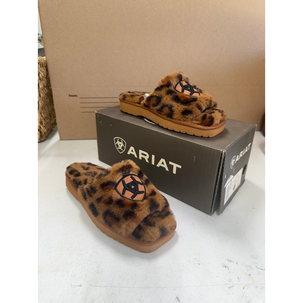Ariat Cozy Slide Leopard Print Faux Fur Slippers Womens 6 Brown AR2697-214